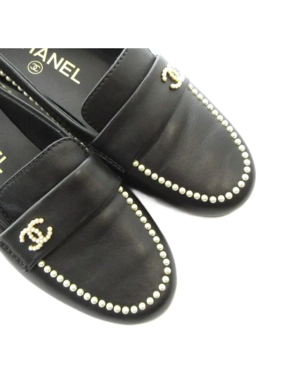 Chanel Loafers Moccasins CC Logo Faux Pearl Leather 34 Black